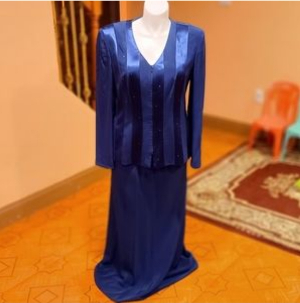 Vintage Liz Elana royal blue 2 piece skirt set embellished plus size 14